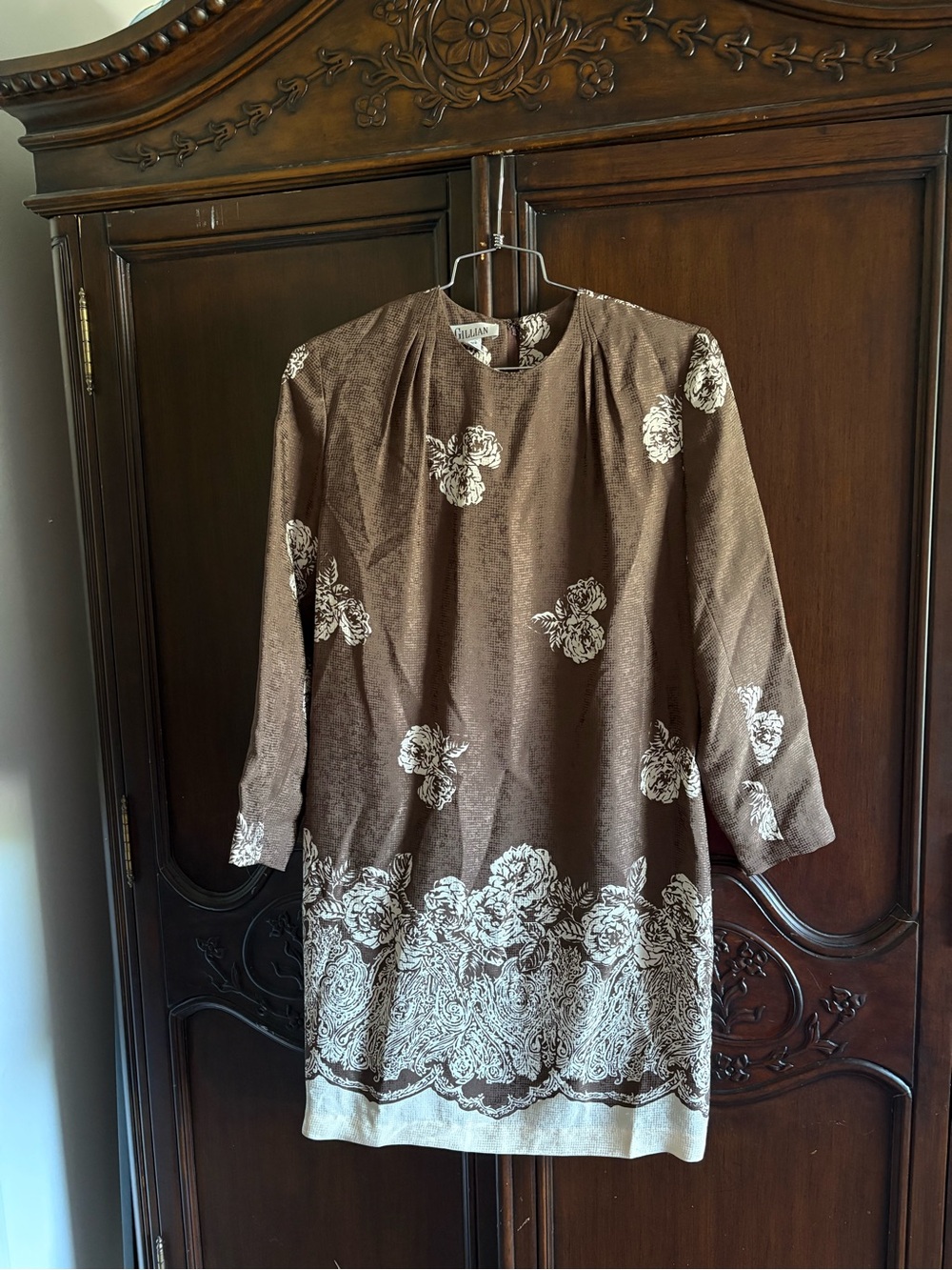 Vintage Gillian Silk Brown and White Floral Dress size 10